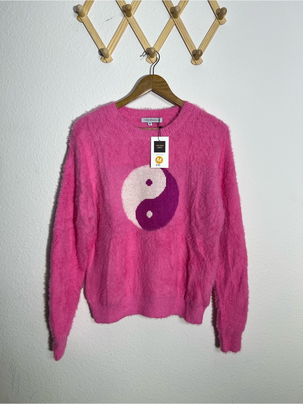 MISS SPARKLING •  NWT yin yang hot pink fuzzy knit sweater size medium